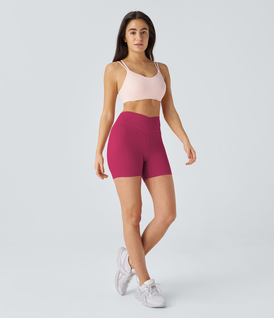 SoftlyZero™ Plush High Waisted Crossover Ruched Yoga Shorts 5'' - Cherries Jubilee
