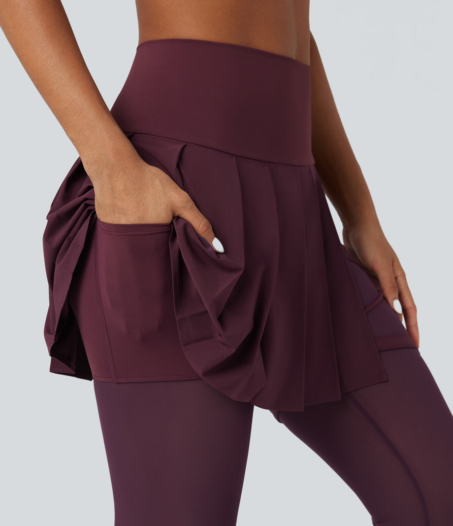 Breezeful™ High Waisted Pleated 2-in-1 Contrast Mesh Quick Dry Dance Stirrup Skirted Leggings with Pockets - Amaranth