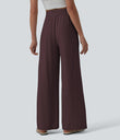 High Waisted Drawstring Wide Leg Casual Linen-Blend Pants with Pockets - Red Mahogany