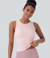 Round Neck Racerback Ruched Yoga Tank Top - Veiled Pink