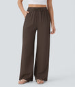 High Waisted Drawstring Pocket Wide Leg Baggy Casual Linen-Feel Pants - Chocolate Martini