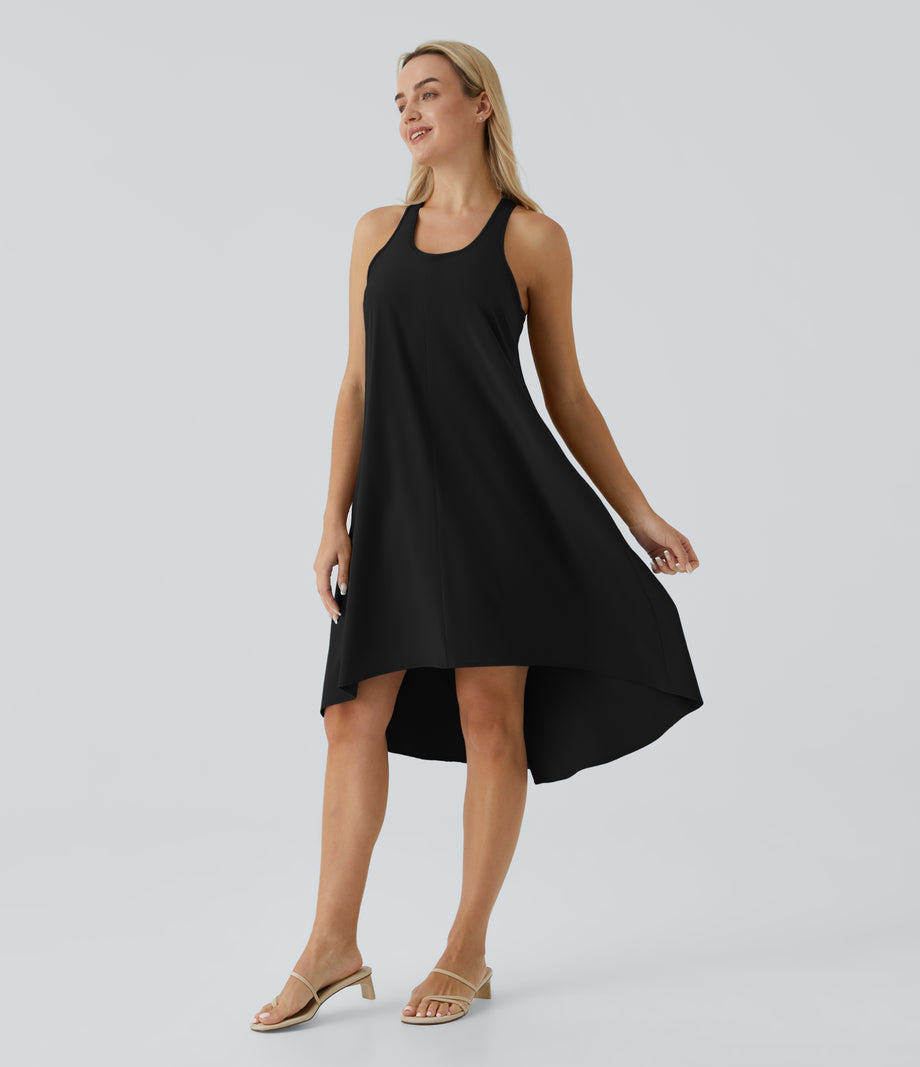 Breezeful™ Backless Racerback Side Pocket High Low Flowy Midi Quick Dry Casual Dress - Black