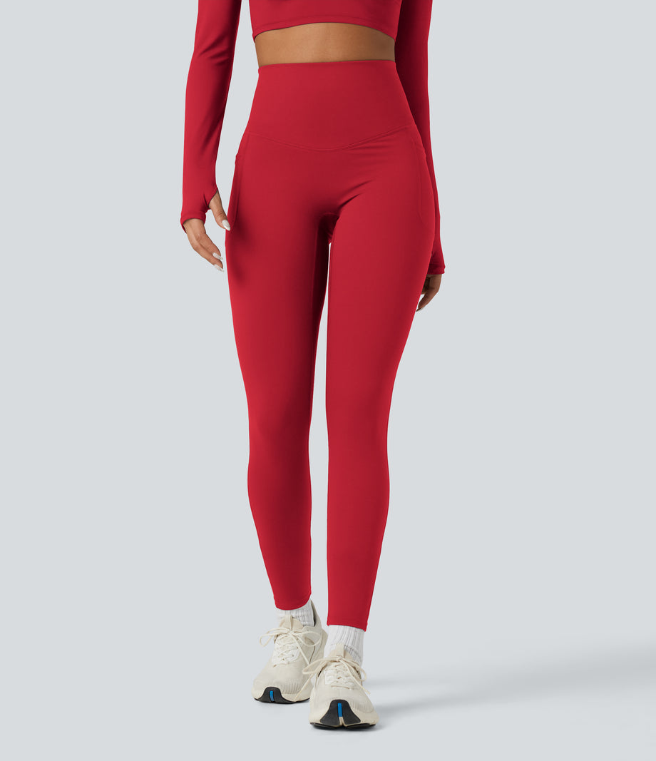 Halara Ultrasculpt™ Heat High Waisted Tummy Control Crossover Back Fleece Running Leggings with Pockets - Salsa
