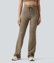 High Waisted Drawstring Stripe Flare Yoga Pants with Pockets - Cedar Brown