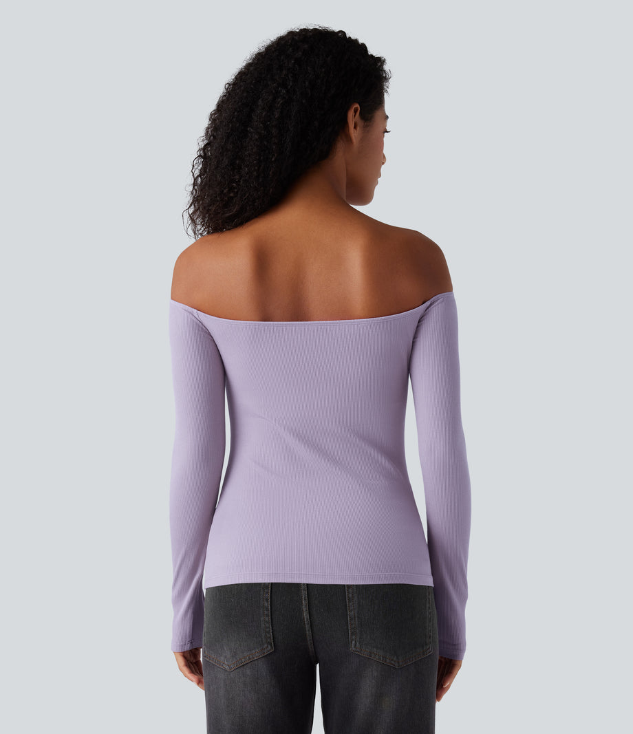 Ribbed Knit Off Shoulder Long Sleeve 2-in-1 Casual Top - Mashed Taro purple
