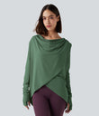 Hooded Cowl Neck Long Sleeve Thumb Hole Yoga Sports Top with Pockets - Dark Ivy