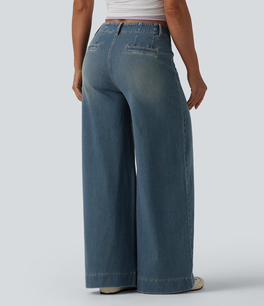 Halara Flex™ High Waisted Pockets Washed Casual Wide Leg Jeans - Blue Surf Denim
