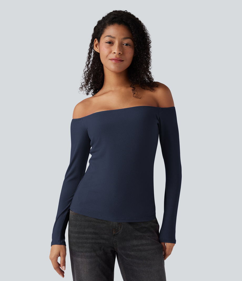 Ribbed Knit Off Shoulder Long Sleeve 2-in-1 Casual Top - Naval Academy