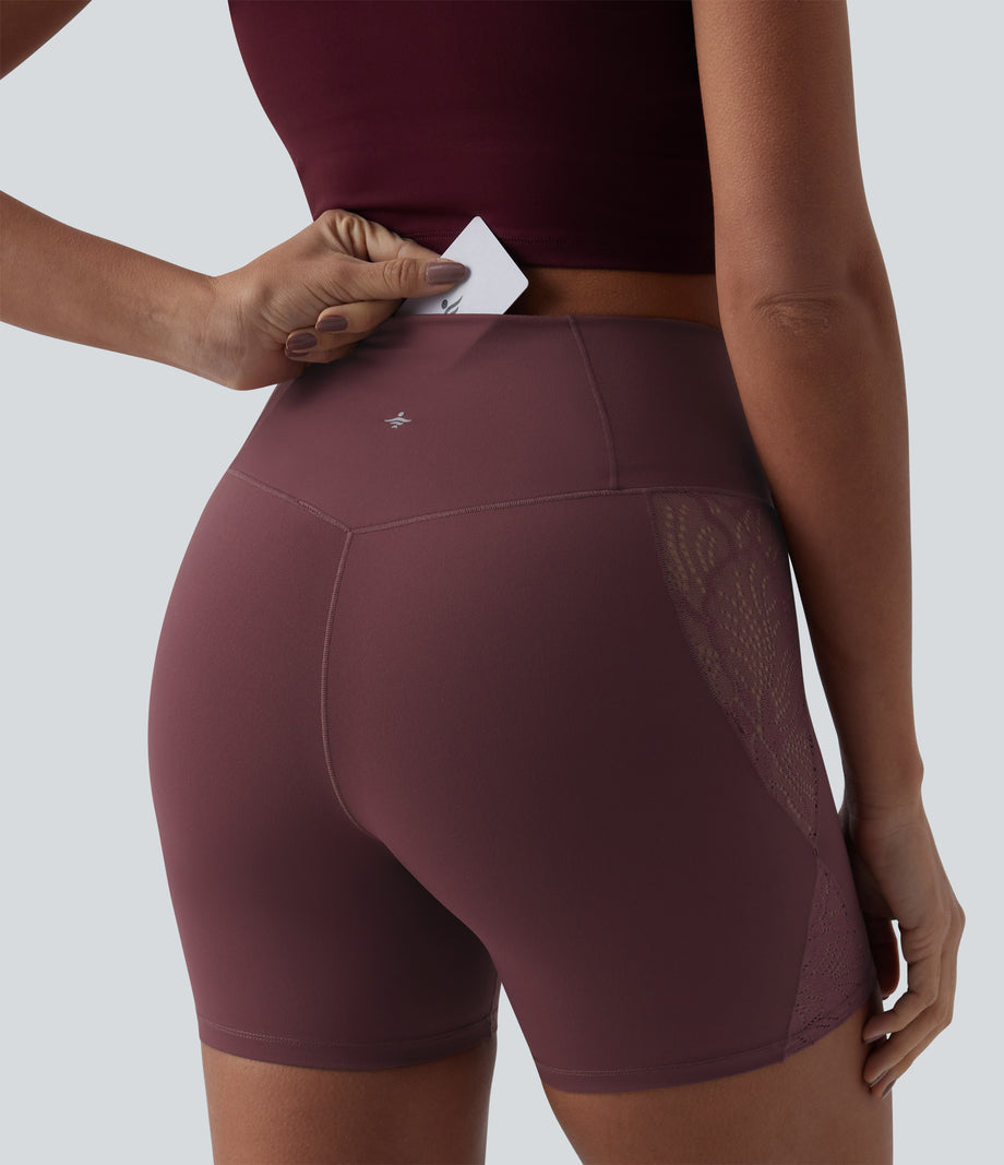 SoftlyZero™ High Waisted Crossover Contrast Lace Pocket Yoga Biker Shorts 5''-UPF50+ - Red Mahogany