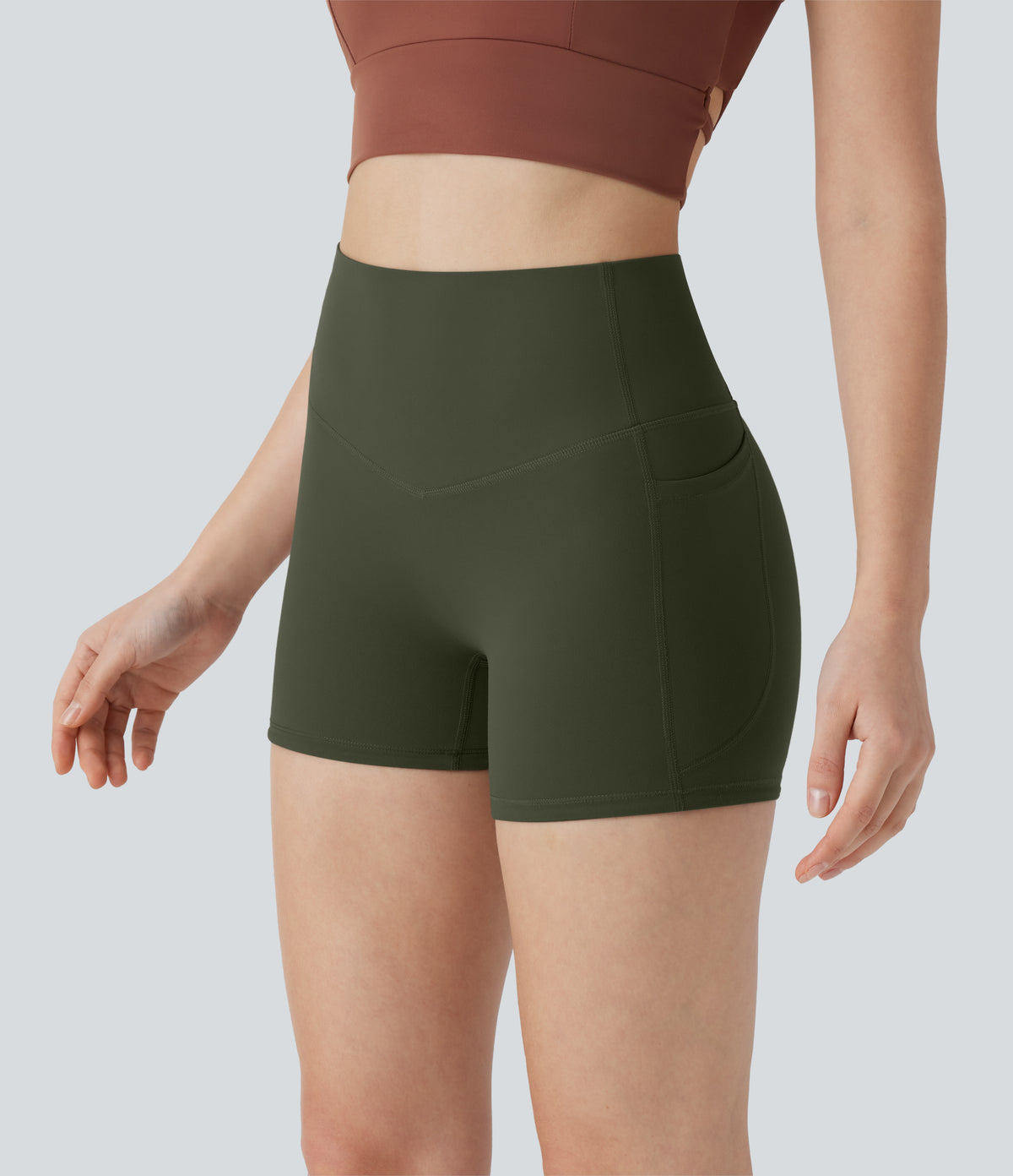 Halara UltraSculpt™ High Waisted Tummy Control Pocket Shaping Training Biker Shorts 3'' - Deep Woodland Green