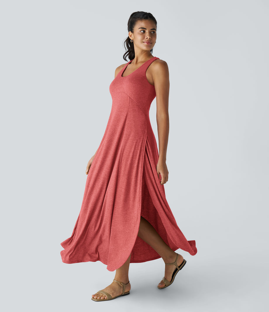 U Neck Flowy Maxi Casual Tank Dress - Poinsettia Floral Yarn