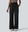 High Waisted Drawstring Wide Leg Casual Linen-Blend Pants with Pockets - Black