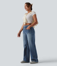 Halara Flex™ Mid Rise Straight Leg Casual Jeans with Pockets - Blue Surf Denim