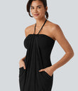 Halter Tie Back Mini Resort Dress with Pockets - Black