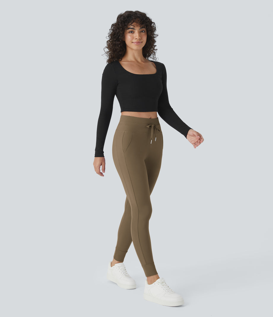 SoftlyZero™ Plush High Waisted Drawstring Pocket Plain Full Length Joggers - Chestnut Brown