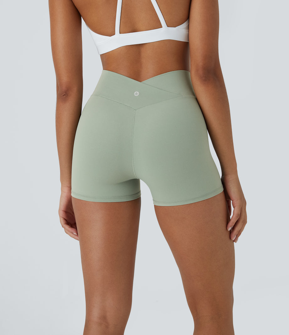 SoftlyZero™ High Waisted Crossover Plain Yoga Biker Shorts 3''-UPF50+ - Asparagus
