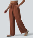 High Waisted Drawstring Wide Leg Casual Linen-Blend Pants with Pockets - Sequoia