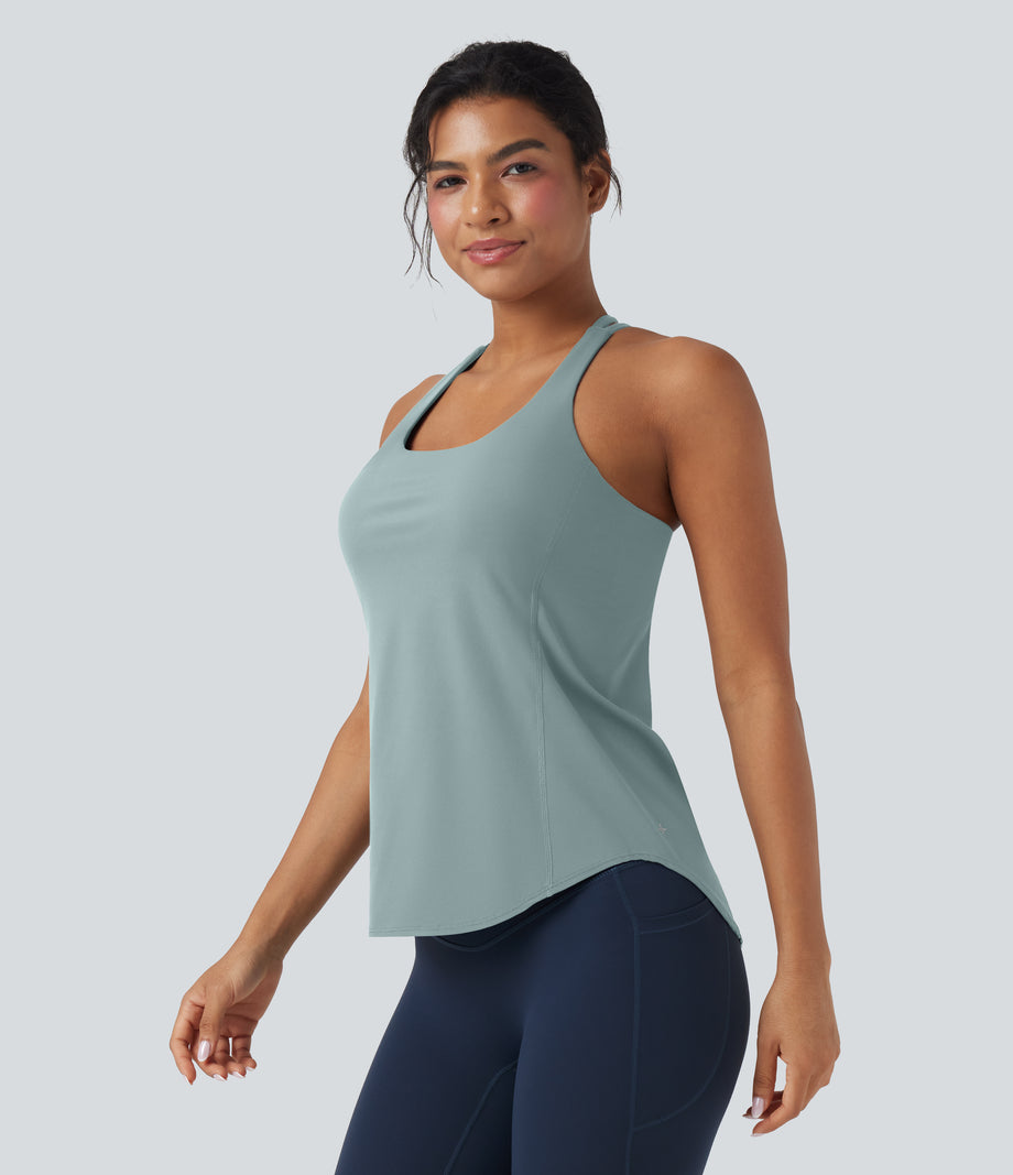 Halara UltraSculpt™ Round Neck Crisscross Back Running Tank Tops DD-F Cups - Ether