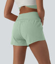 SoftlyZero™ Airy Crossover High Waisted 2-in-1 Cool Touch Yoga Shorts 3'' with Pockets - Light Bean Green