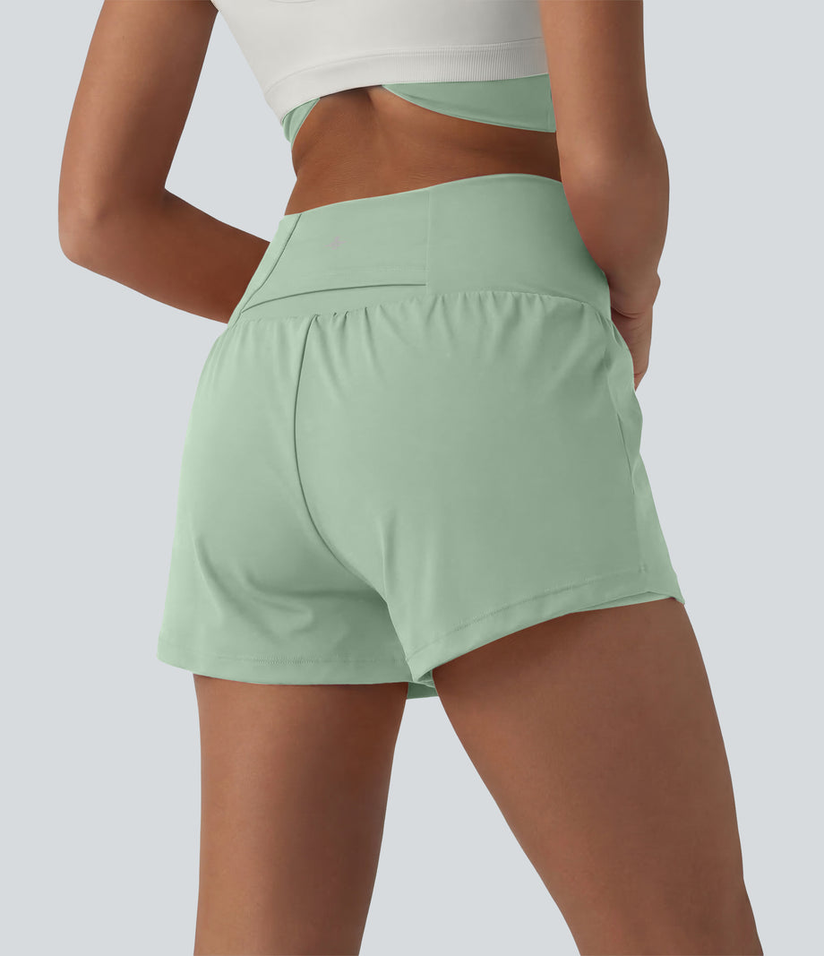 SoftlyZero™ Airy Crossover High Waisted 2-in-1 Cool Touch Yoga Shorts 3'' with Pockets - Light Bean Green