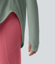 One Shoulder Long Sleeve Thumb Hole Curved Hem High Low Quick Dry Yoga Sports Top-Built-in Bra - Iceberg Green