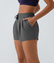 High Waisted Elastic Waistband Drawstring Pleated Yoga Shorts 3" with Pockets - Dark Jade Grey