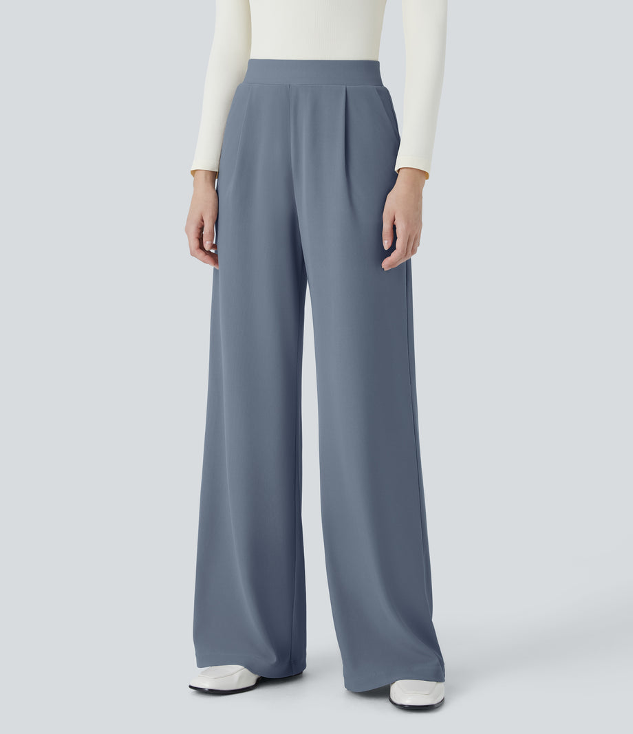 Halara Flex™ High Waisted Body Sculpt Waist-Slimming Pocket Wide Leg Micro Waffle Work Pants - Deep Sea Gray Blue