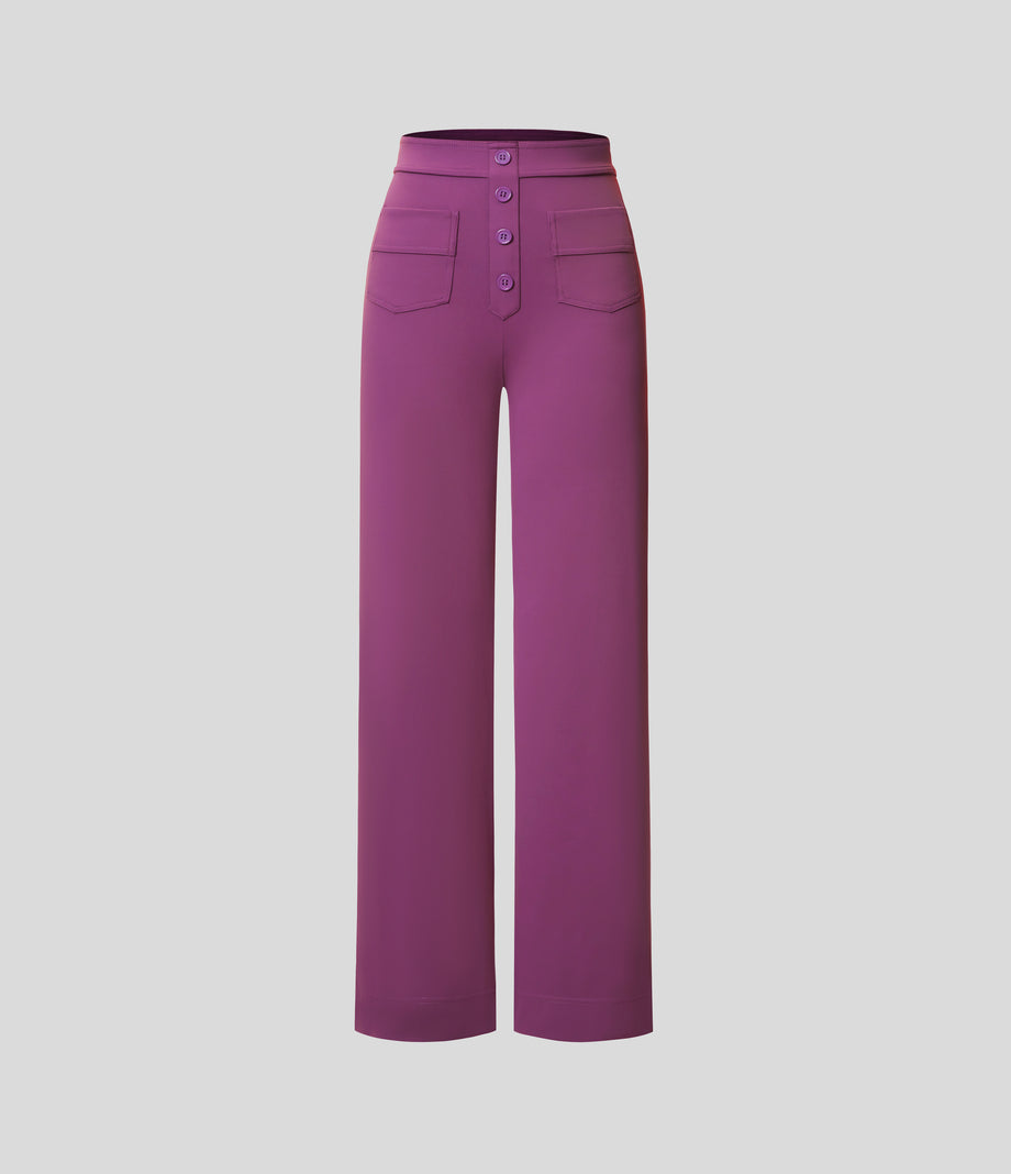 DayStretch High Waisted Pockets Straight Leg Casual Pants - Deep Orchid