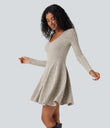 Ribbed Knit V Neck Long Sleeve Flare Mini Casual Dress with Pockets - Warm Grey Floral Velvet