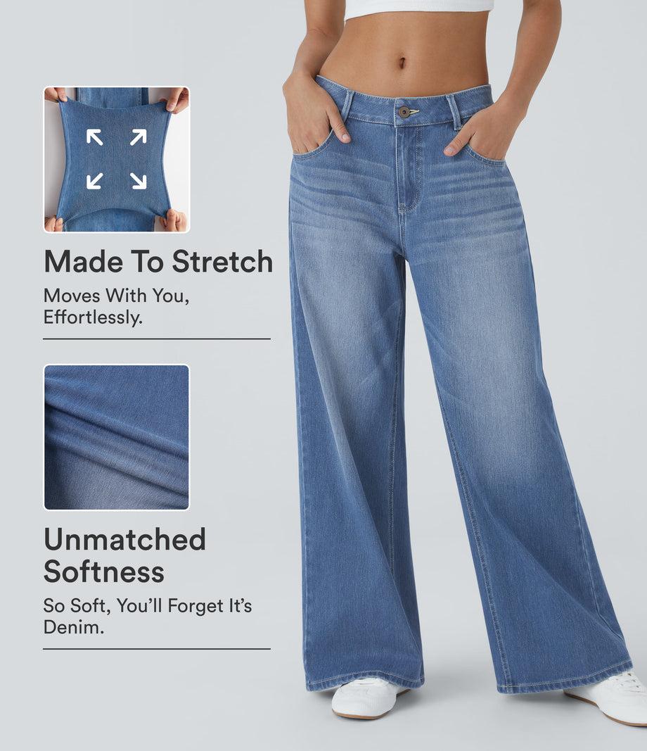 Halara Flex™ Low Rise Zipper Pockets Washed Baggy Wide Leg Casual Jeans - Blue Spruce Denim