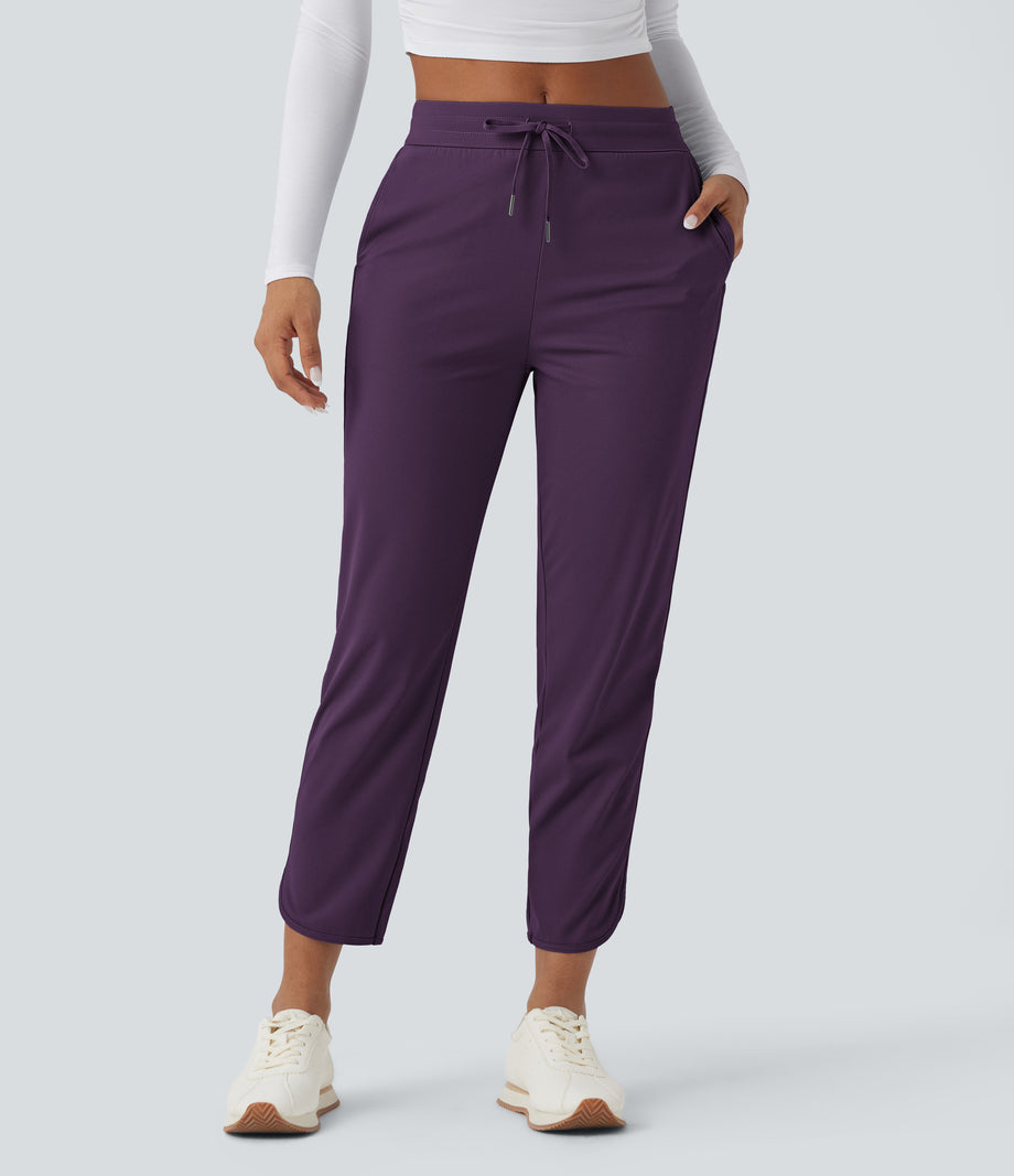 Mid Rise Drawstring Curved Hem Quick Dry Golf Tapered Pants with Pockets-UPF40+ - Blackberry Cordial