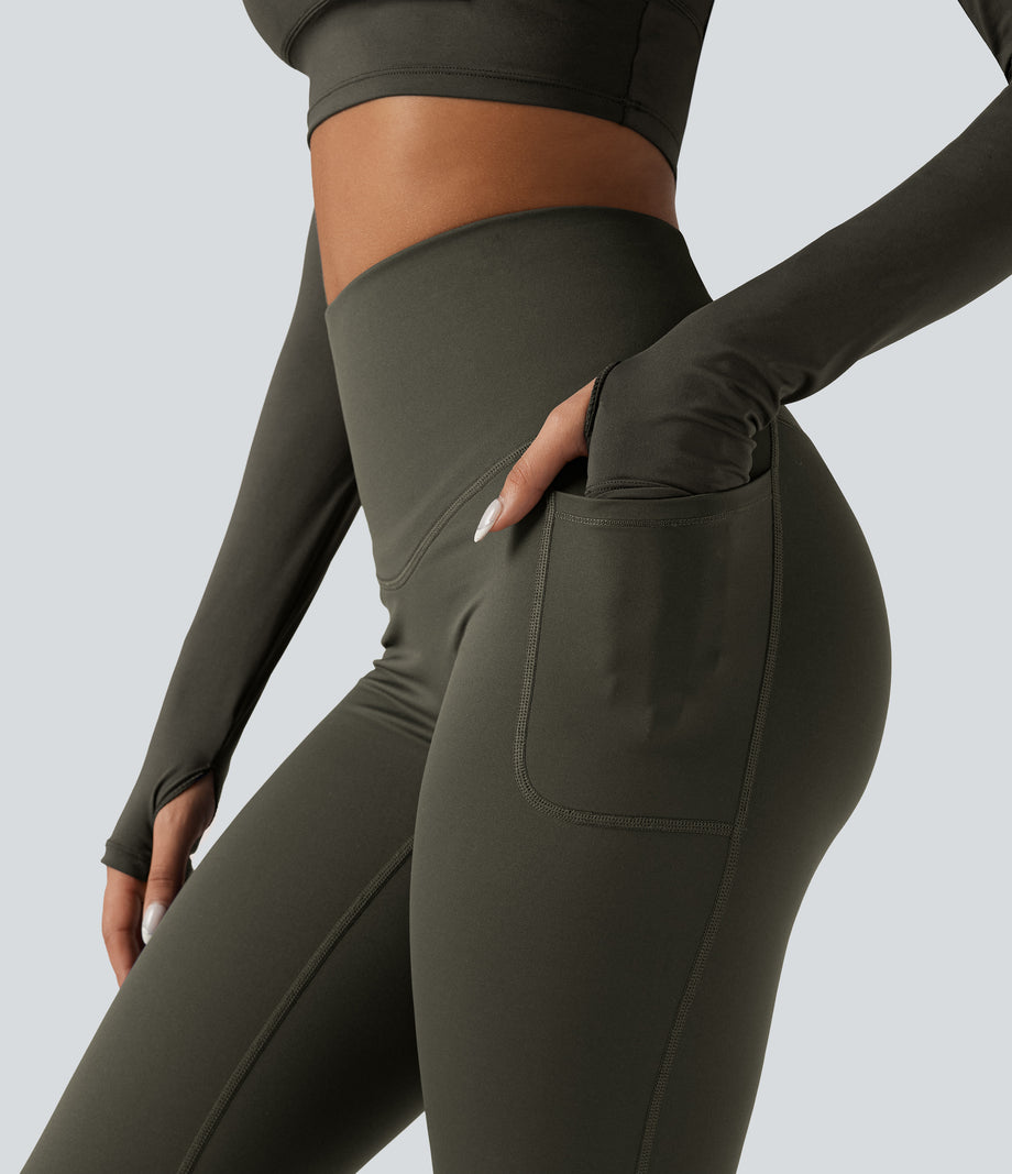 Halara Ultrasculpt™ Heat High Waisted Tummy Control Crossover Back Fleece Running Leggings with Pockets - Forest Night