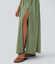 Twisted Backless Split Flowy Maxi Resort Dress with Pockets - Light Green Floral Yarn