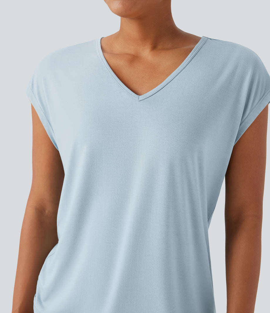 V Neck Short Sleeve Casual T-Shirt - Baby Blue