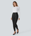 High Waisted Tummy Control Decorative Back Zipper Pockets Herringbone Work Leggings - Black