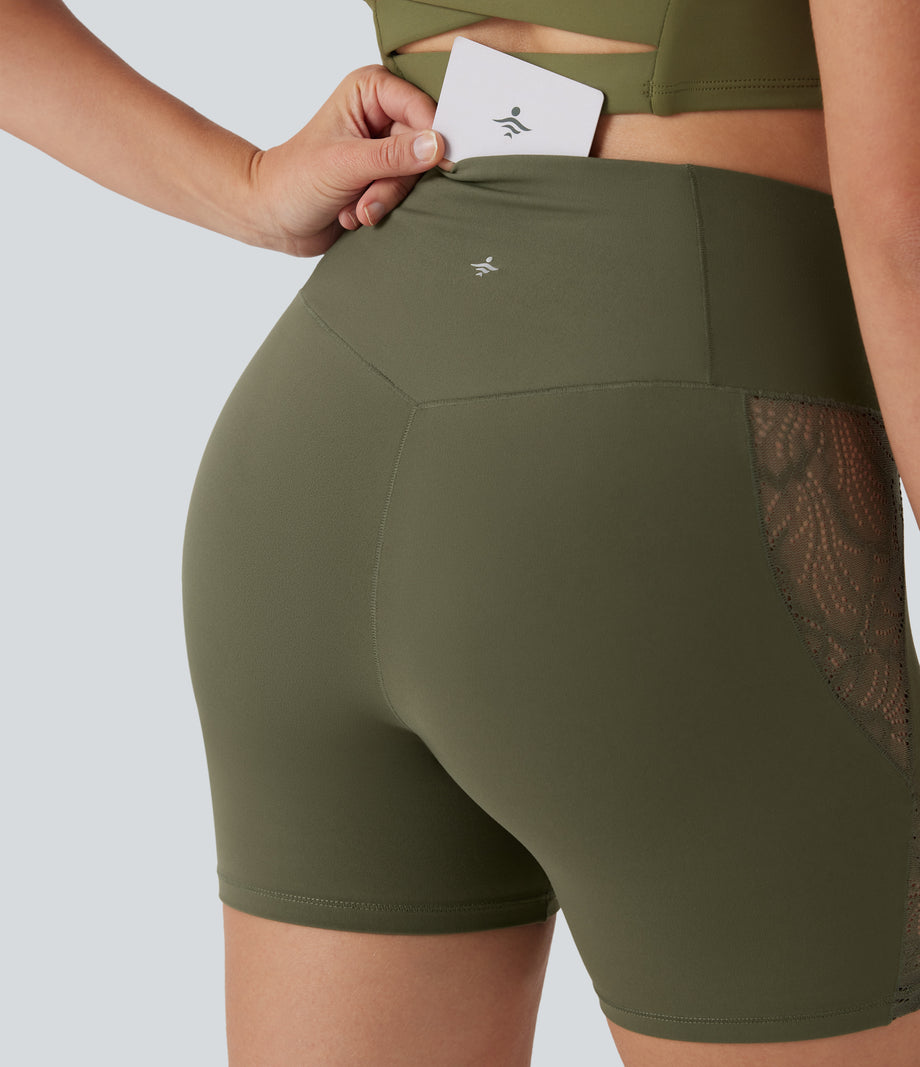 SoftlyZero™ High Waisted Crossover Contrast Lace Pocket Yoga Biker Shorts 5''-UPF50+ - Grass Grey Green
