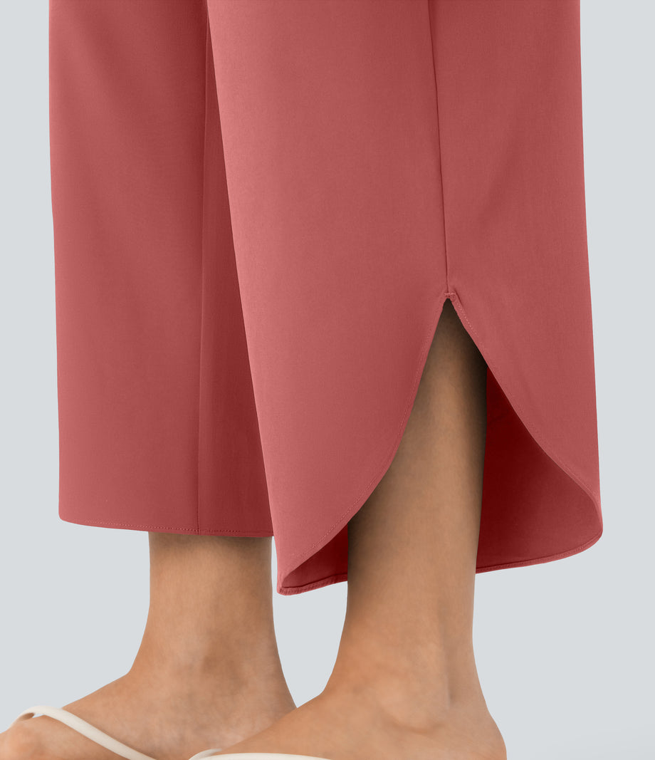Breezeful™ High Waisted Tummy Control Split Hem Quick Dry Resort Pants with Pockets - Kapok Red