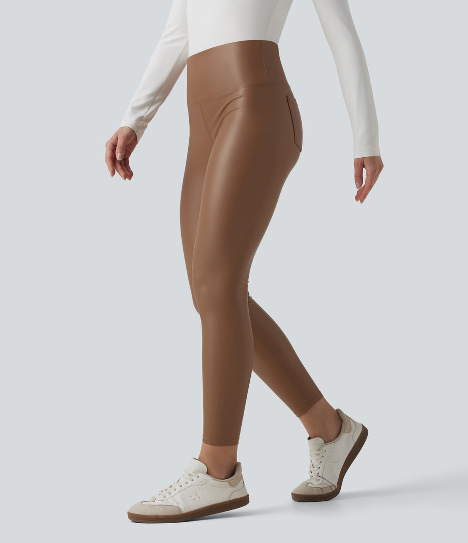 High Waisted Tummy Control Stretchy PU Fleece 7/8 Skinny Casual Leggings with Pockets - Argan Oil
