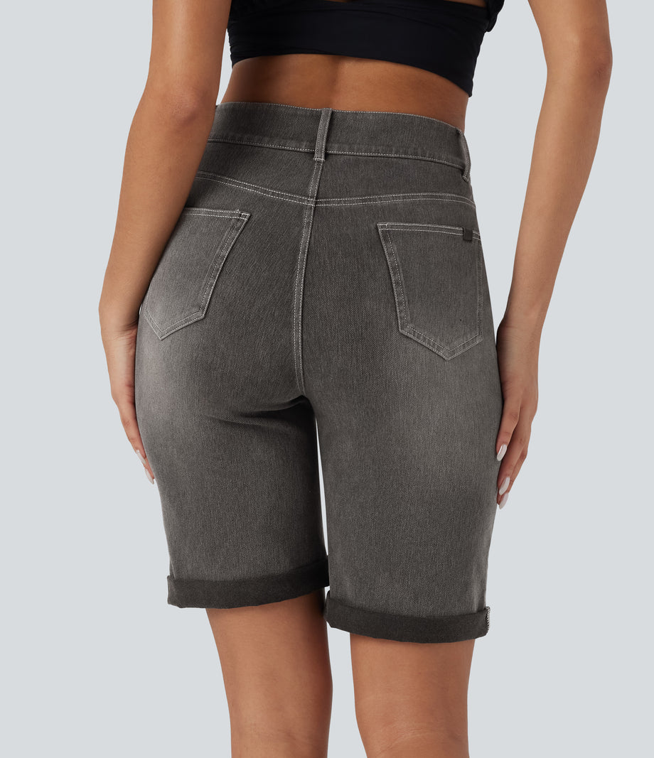 Halara Flex™ High Waisted Pockets Rolled Hem Washed Denim Casual Bermuda Shorts - Cool Gray Denim