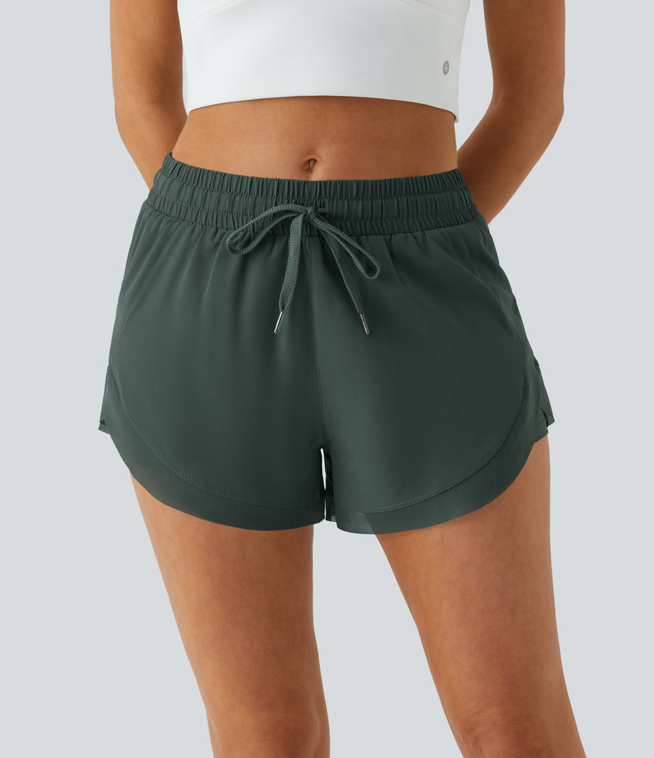 Mid Rise Drawstring Contrast Mesh 2-in-1 Flowy Running Shorts 3'' - Dark Green