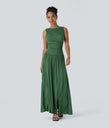 Ribbed Boat Neck Asymmetric Strap Ruched Pocket Flowy Maxi Casual Dress - Dark Verdant Green