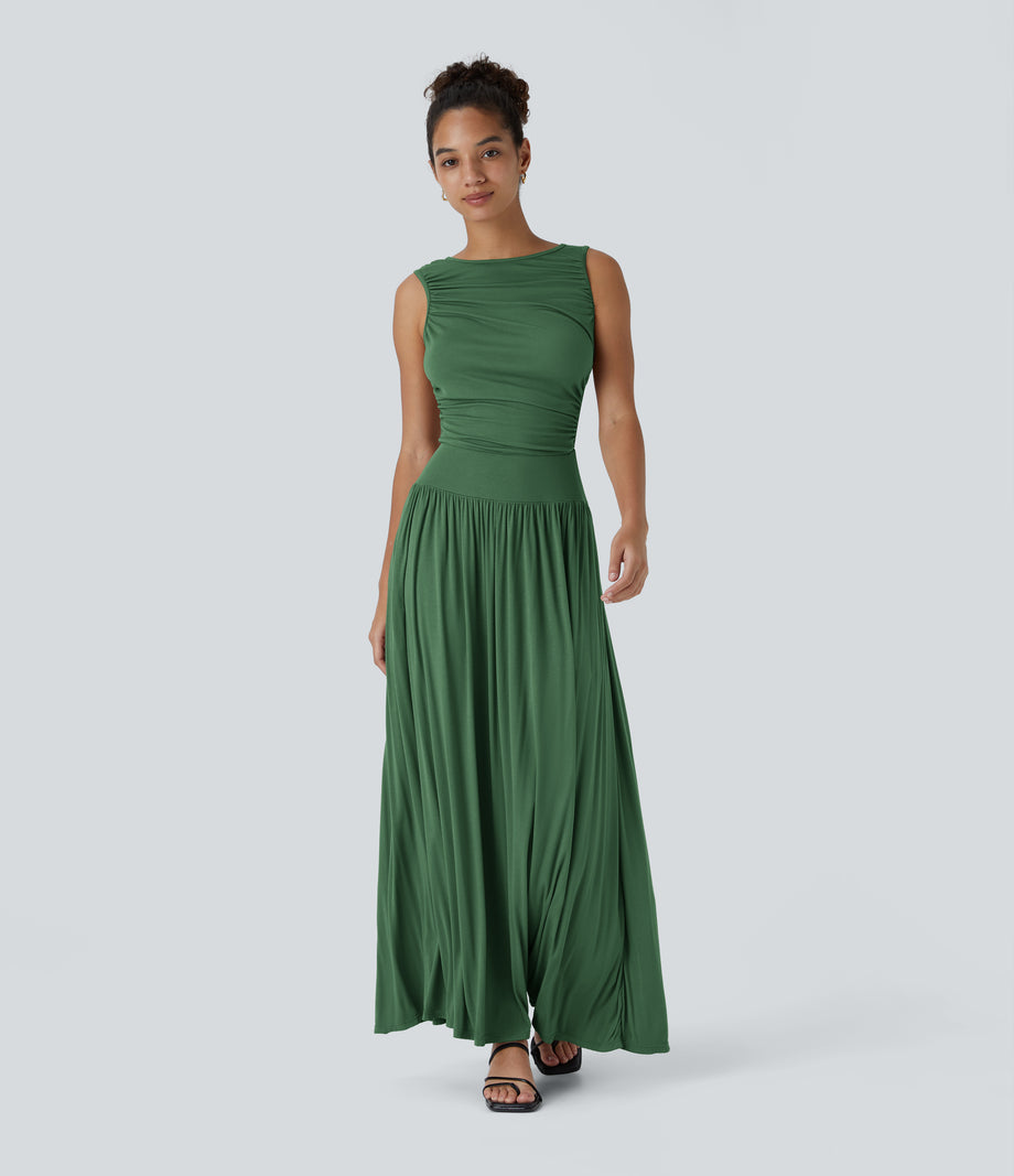 Ribbed Boat Neck Asymmetric Strap Ruched Pocket Flowy Maxi Casual Dress - Dark Verdant Green