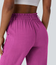 High Waisted Zipper Pocket Cropped Linen-Feel Pants - Rose Violet