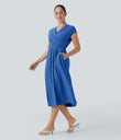 Breezeful™ V Neck Short Sleeve Pocket Tie Back Quick Dry Midi Casual Dress - Nebulas Blue