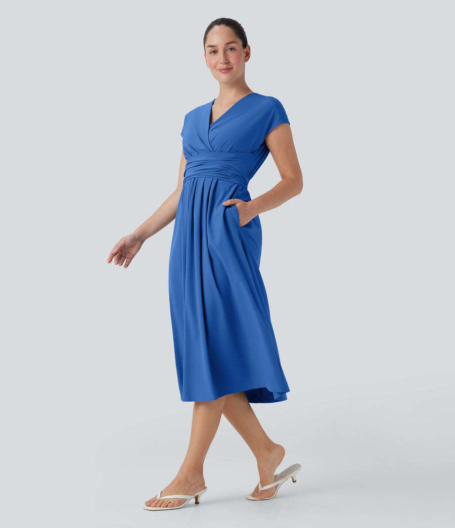 Breezeful™ V Neck Short Sleeve Pocket Tie Back Quick Dry Midi Casual Dress - Nebulas Blue