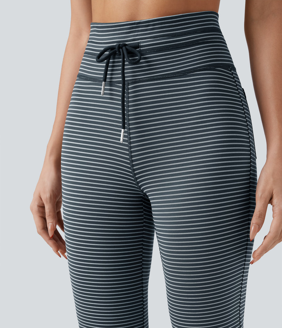 High Waisted Drawstring Stripe Flare Yoga Pants with Pockets - Oceanic Teal