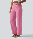 High Waisted Straight Leg Casual Linen-Feel Pants with Pockets - Dusty Rose Weave