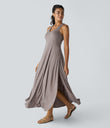 U Neck Flowy Maxi Casual Tank Dress - Deep Tea Brown Floral Yarn