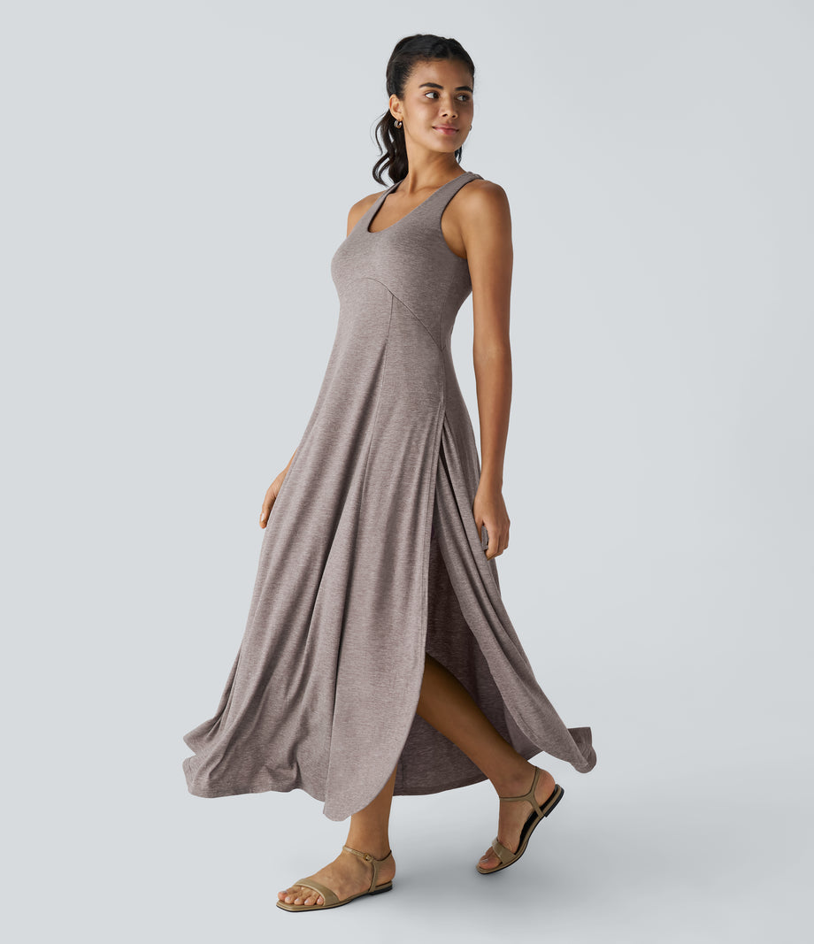 U Neck Flowy Maxi Casual Tank Dress - Deep Tea Brown Floral Yarn