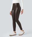 High Waisted Tummy Control Stretchy PU Fleece 7/8 Skinny Casual Leggings with Pockets - Java